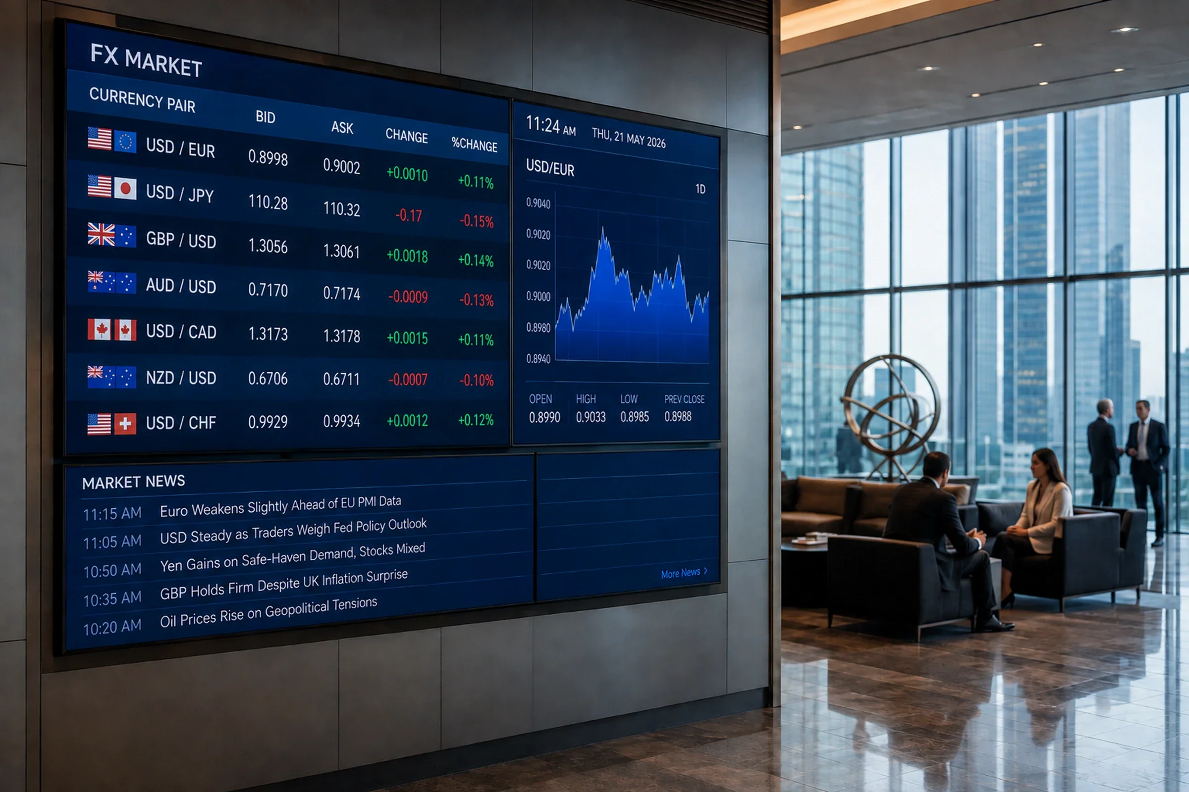 Foreign-exchange market board showing multiple currency rates