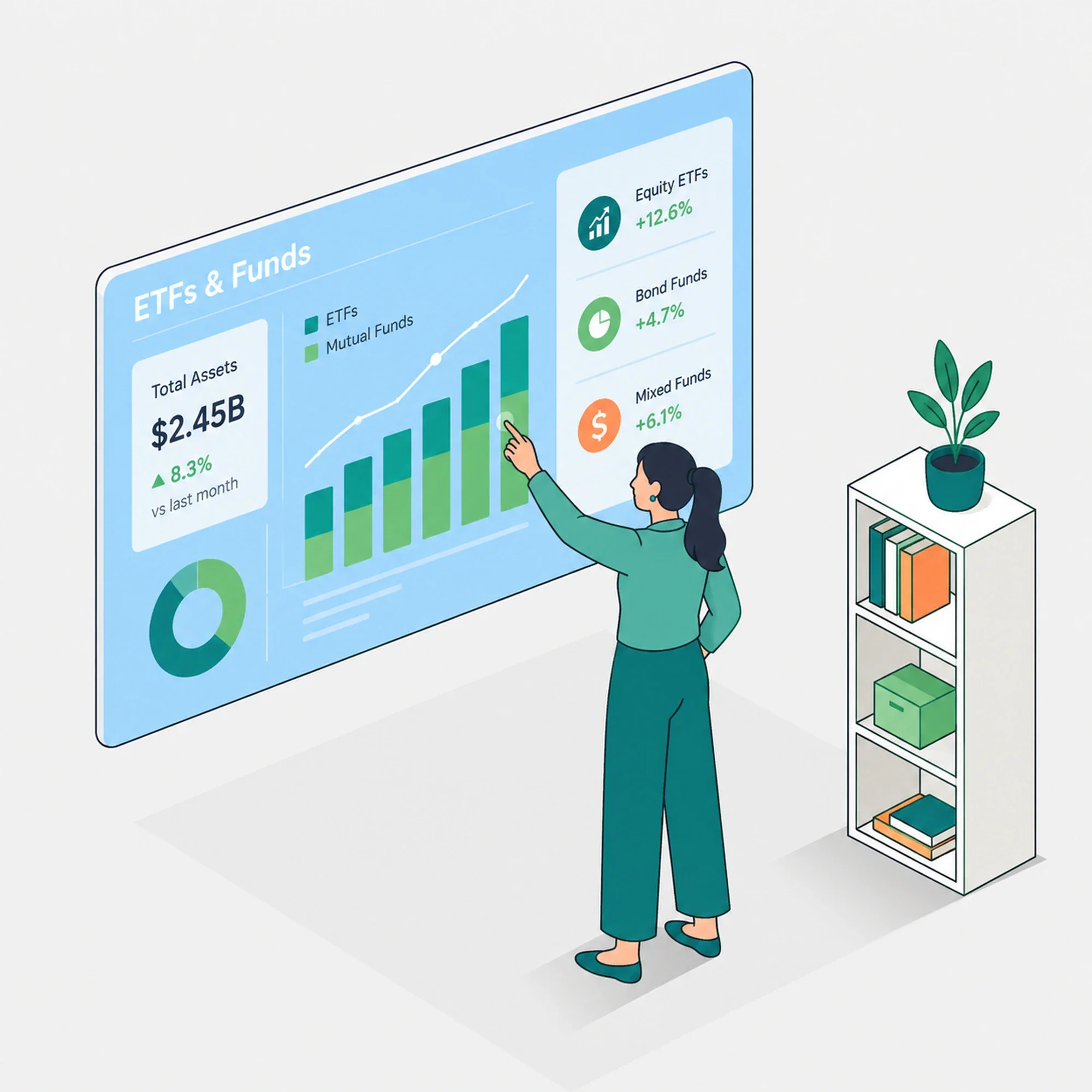 Illustration of an investor reviewing fund reports and financial documents