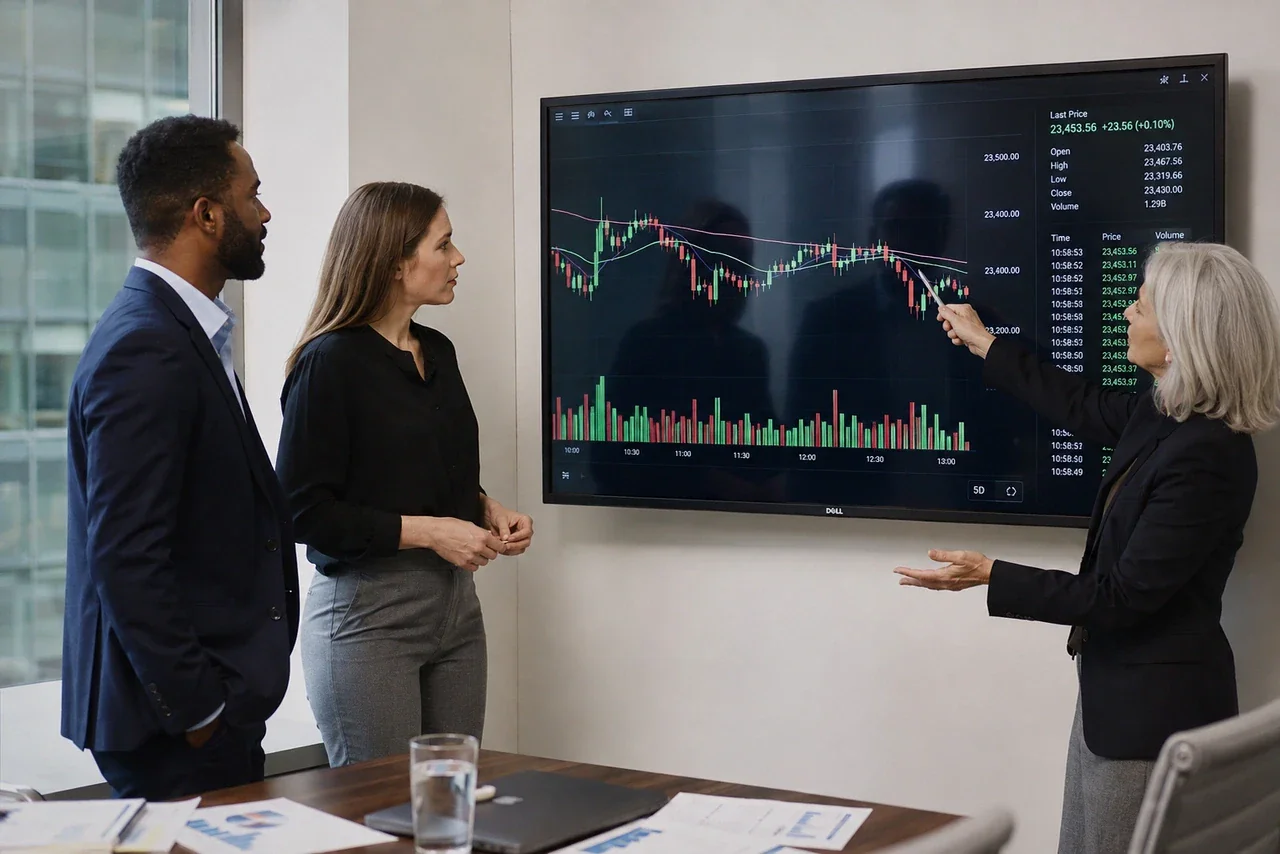 U.S. market professionals monitoring changing prices during a volatile session