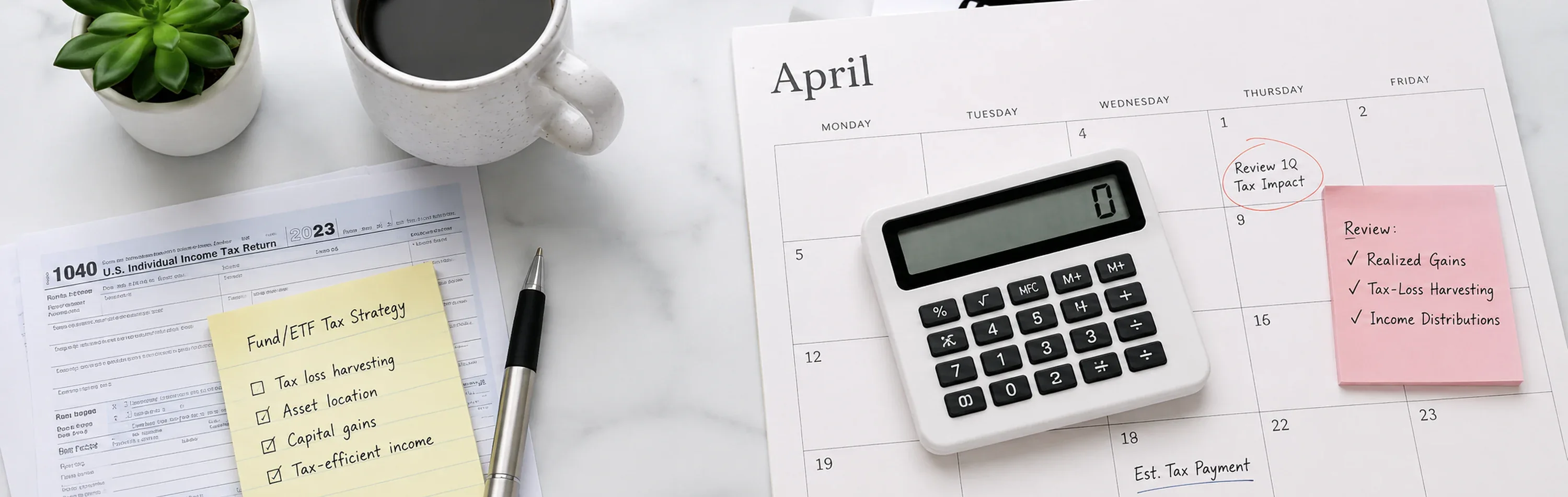 Tax calendar, calculator, and financial documents used to review fund tax consequences