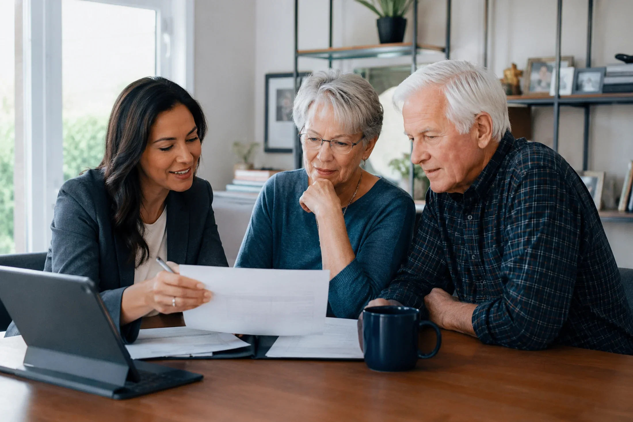Older couple reviewing beneficiary and account-transfer decisions with a financial professional