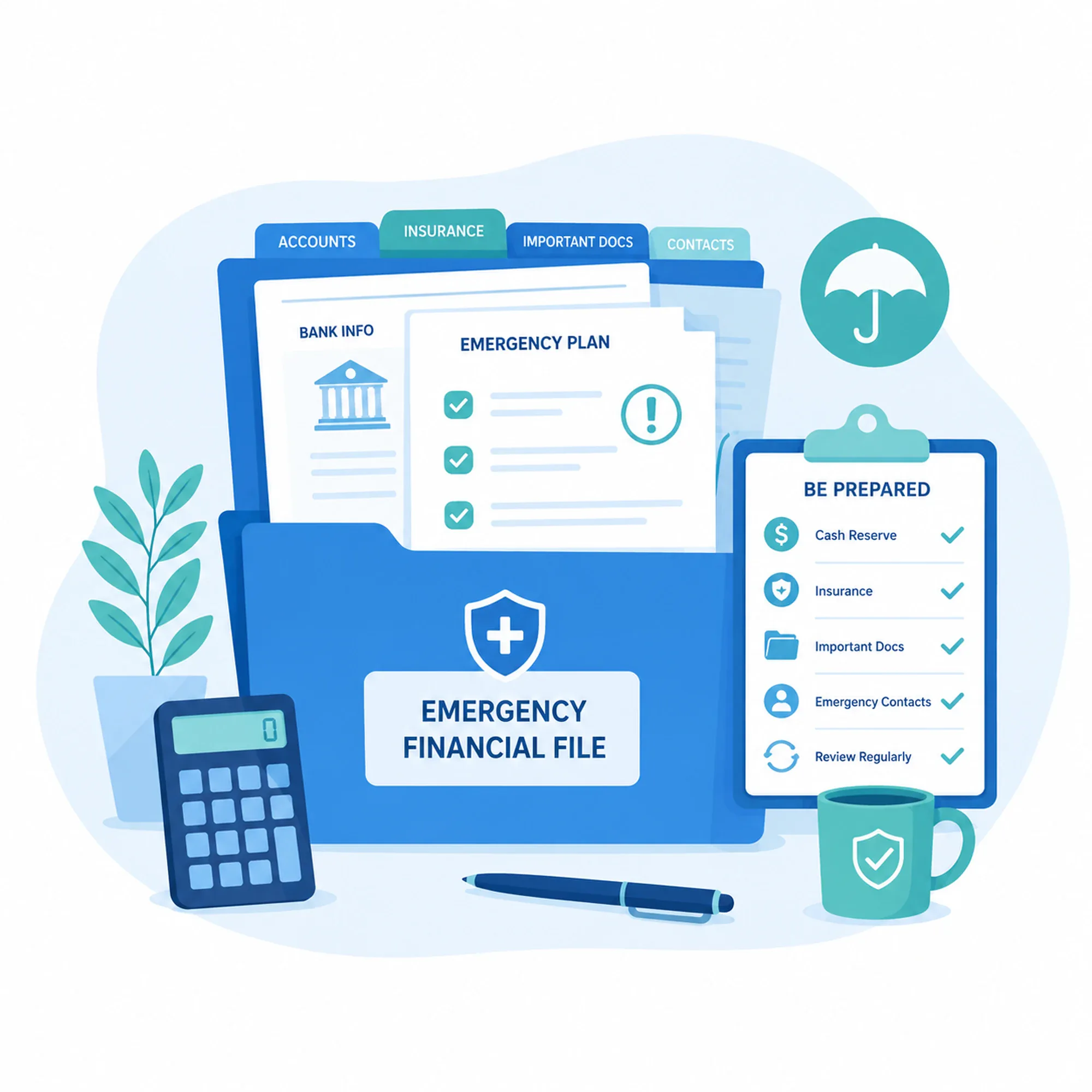 Illustration of an organized emergency financial checklist and document file