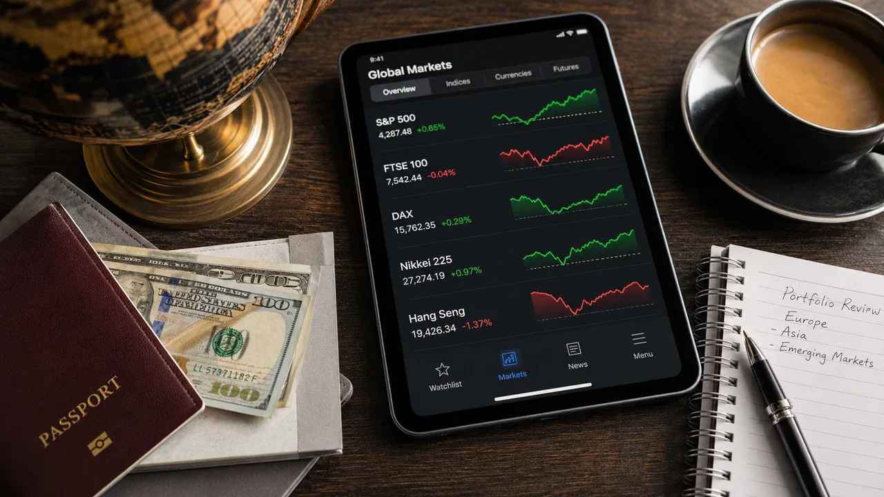 Global investing concept with market data and passport