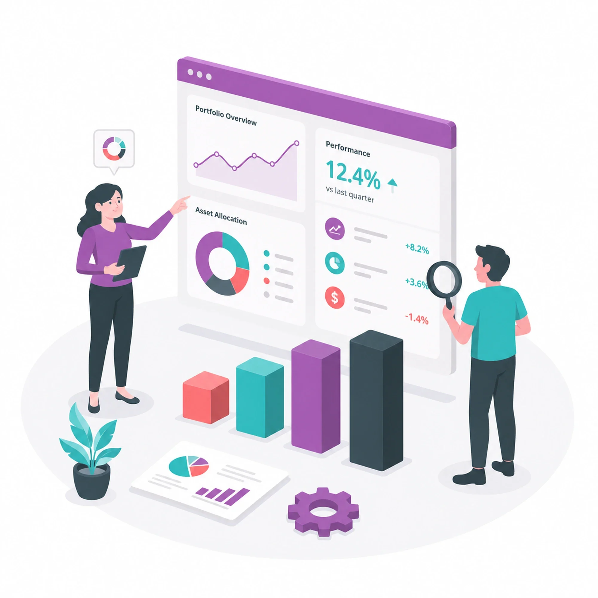 Illustration of an investor reviewing portfolio analytics and performance data