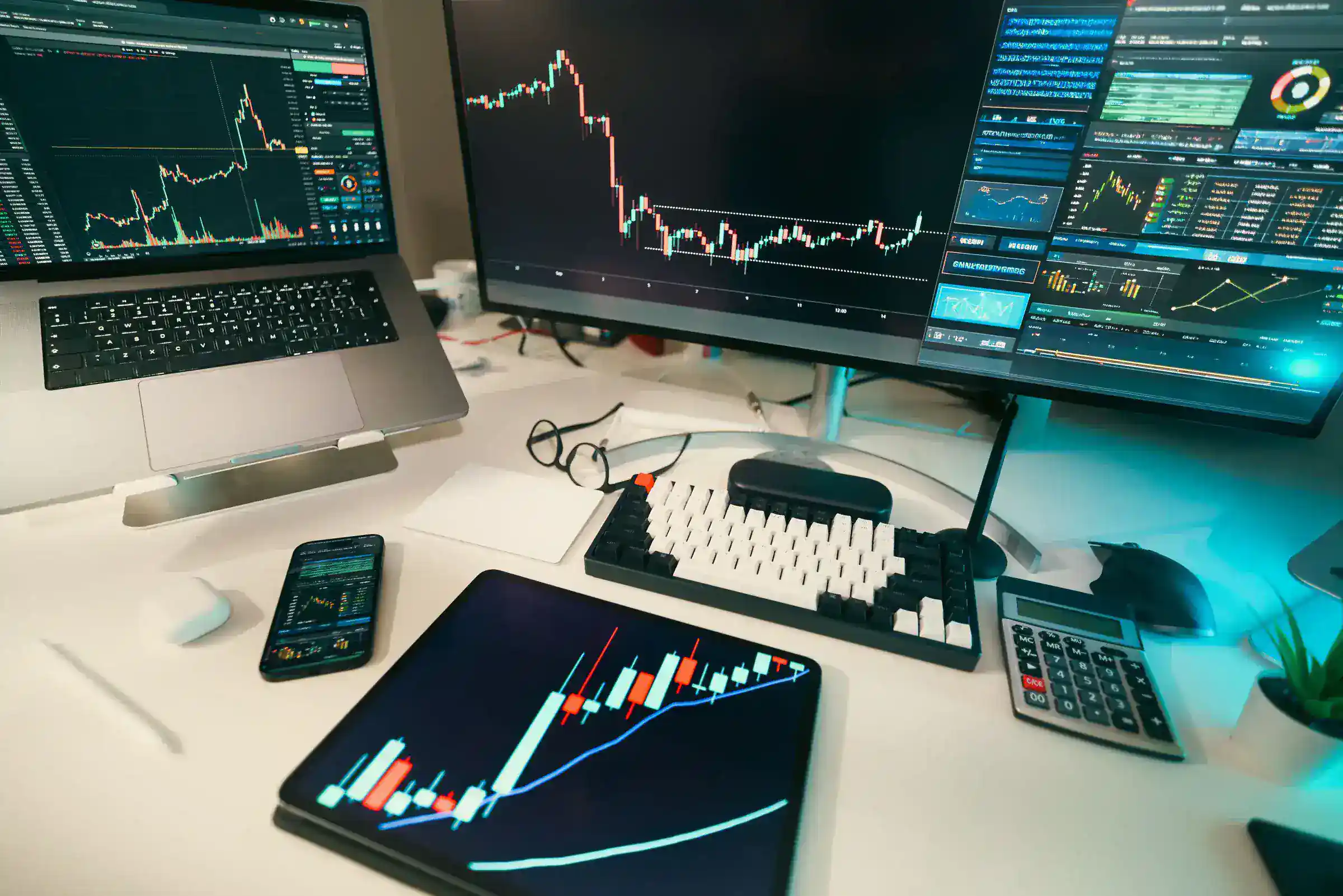 Risk management workstation with market charts and trading screens