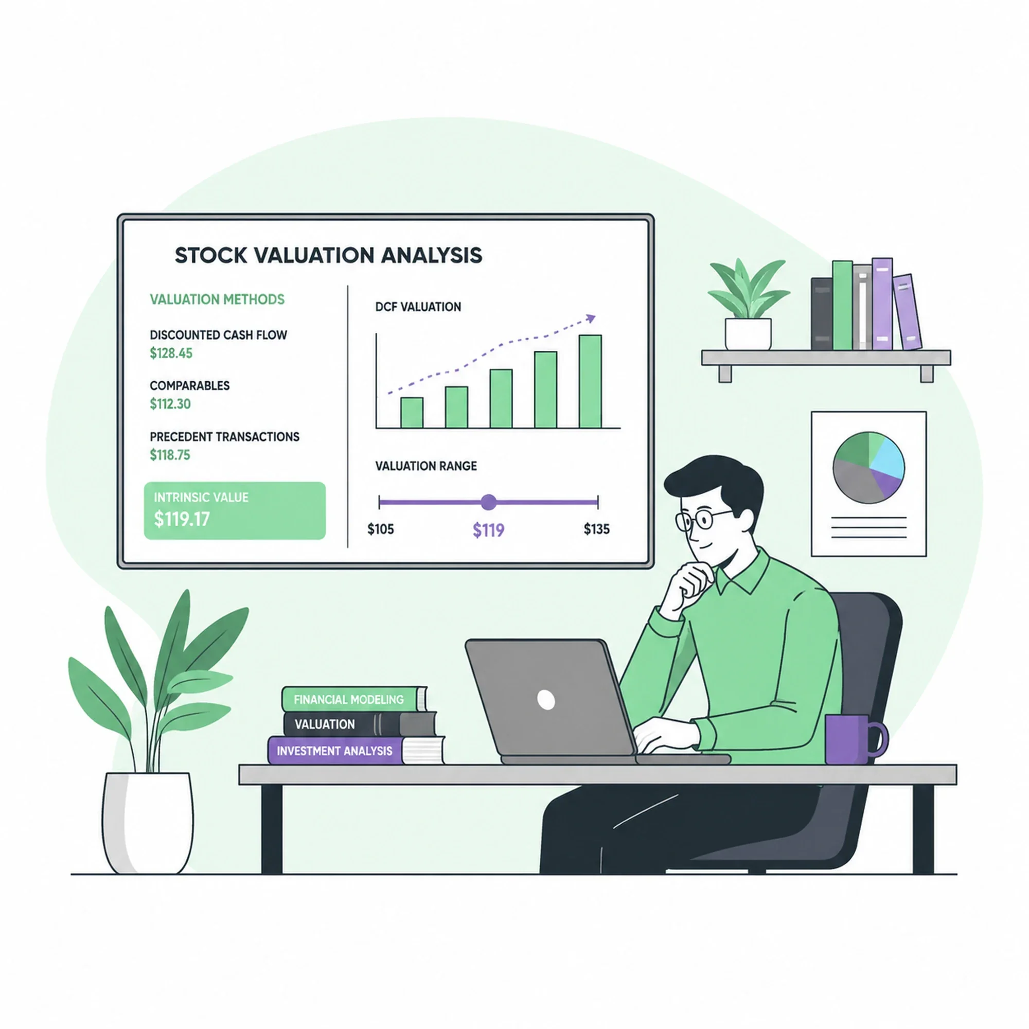 Illustration of an analyst comparing business growth and financial charts