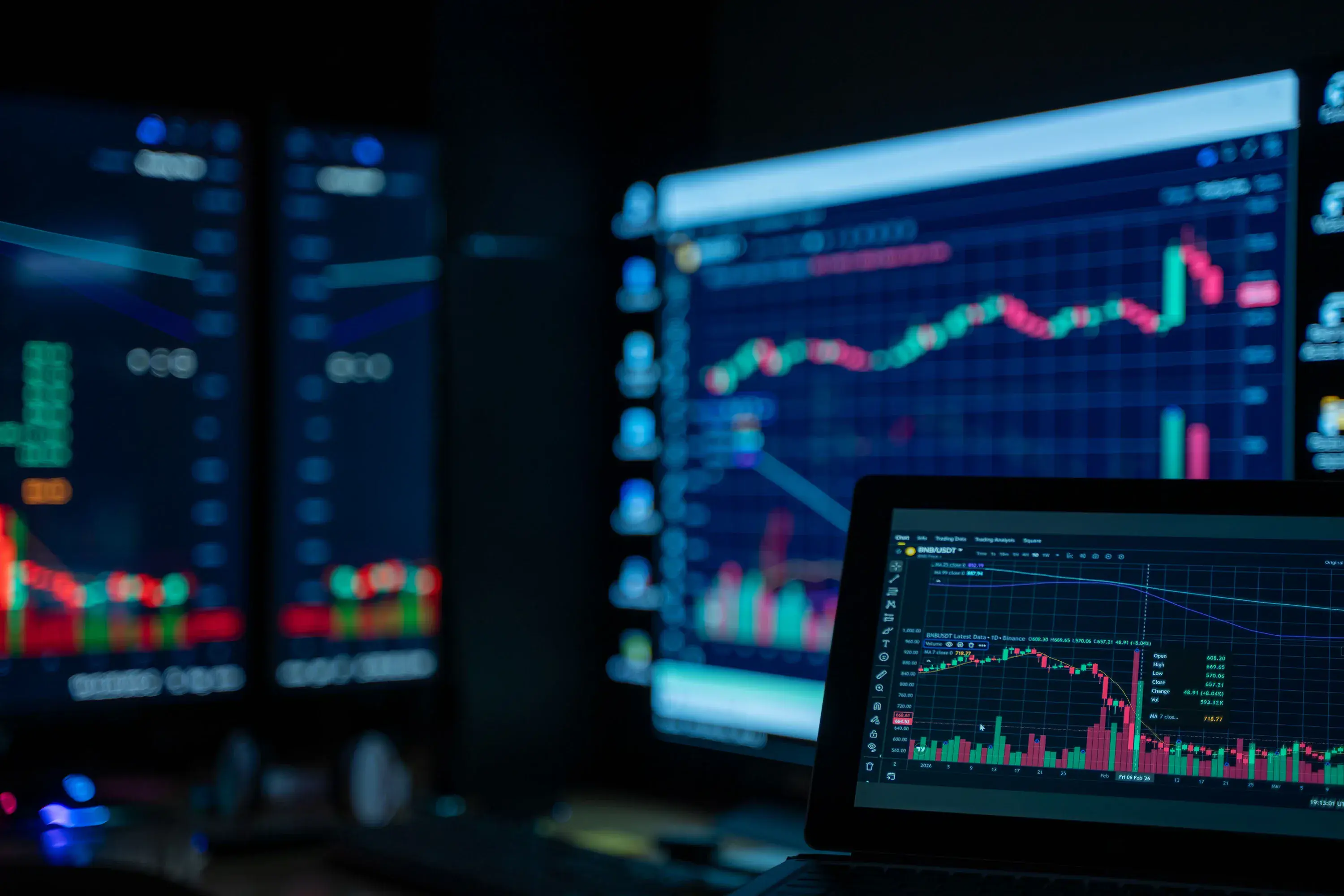 Multiple market screens used to review financial data