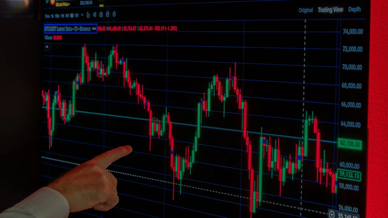 A large intraday market chart on screen with a hand pointing at the price action